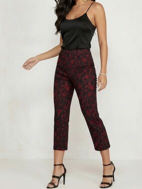 LOFT Navy Cropped Pants with Red Floral Print